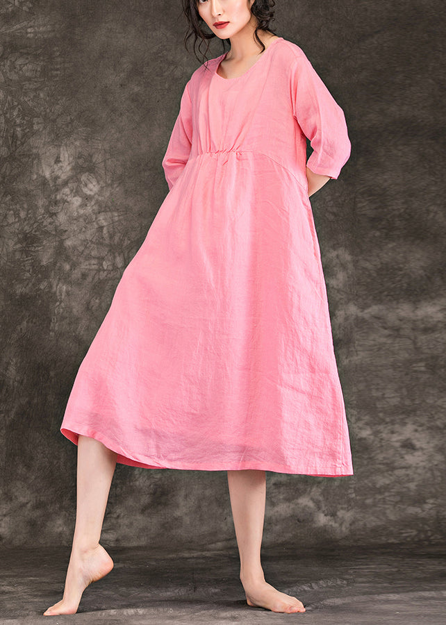 Beautiful pink linen clothes For Women fine Sewing o neck Cinched baggy Summer Dress