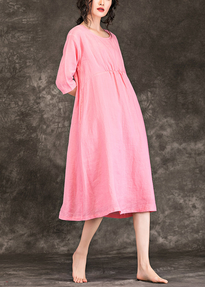 Beautiful pink linen clothes For Women fine Sewing o neck Cinched baggy Summer Dress