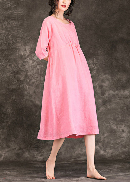 Beautiful pink linen clothes For Women fine Sewing o neck Cinched baggy Summer Dress