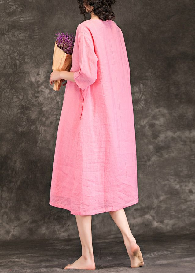 Beautiful pink linen clothes For Women fine Sewing o neck Cinched baggy Summer Dress
