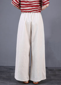 Beige Pockets Patchwork Cotton Wide Leg Trousers Elastic Waist Summer