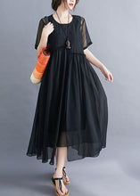 Load image into Gallery viewer, Black Patchwork Cotton Long Dress Embroideried Wrinkled Summer