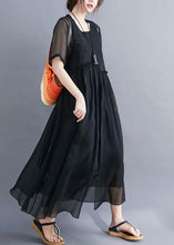 Load image into Gallery viewer, Black Patchwork Cotton Long Dress Embroideried Wrinkled Summer