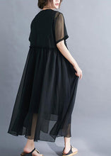 Load image into Gallery viewer, Black Patchwork Cotton Long Dress Embroideried Wrinkled Summer