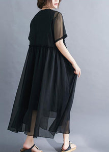 Black Patchwork Cotton Long Dress Embroideried Wrinkled Summer