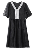 Black Patchwork Cotton Mid Dress V Neck Nail Bead Wrinkled Summer