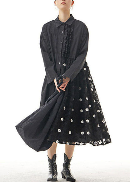 Black Patchwork Cotton Shirts Dresses Peter Pan Collar Spring