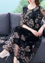 Load image into Gallery viewer, Black Patchwork Tulle Holiday Dress O-Neck Embroideried Half Sleeve