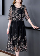 Load image into Gallery viewer, Black Patchwork Tulle Holiday Dress O-Neck Embroideried Half Sleeve