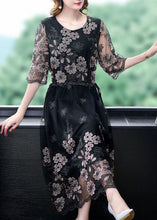 Load image into Gallery viewer, Black Patchwork Tulle Holiday Dress O-Neck Embroideried Half Sleeve
