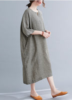 Black Plaid Linen Maxi Dress Oversized O-Neck Summer