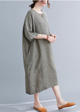 Load image into Gallery viewer, Black Plaid Linen Maxi Dress Oversized O-Neck Summer