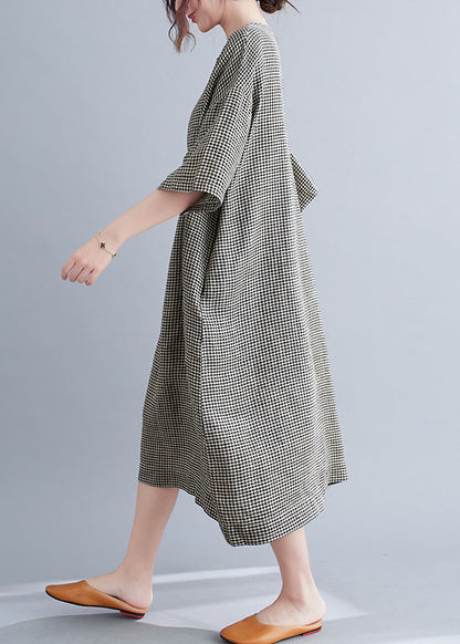Black Plaid Linen Maxi Dress Oversized O-Neck Summer