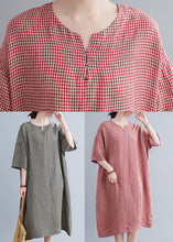 Load image into Gallery viewer, Black Plaid Linen Maxi Dress Oversized O-Neck Summer