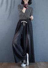Load image into Gallery viewer, Black Pockets Patchwork Denim Wide Leg Pants Elastic Waist Spring
