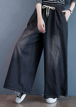 Load image into Gallery viewer, Black Pockets Patchwork Denim Wide Leg Pants Elastic Waist Spring