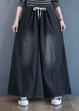 Load image into Gallery viewer, Black Pockets Patchwork Denim Wide Leg Pants Elastic Waist Spring