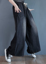 Load image into Gallery viewer, Black Pockets Patchwork Denim Wide Leg Pants Elastic Waist Spring