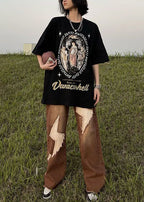 Black Print Cotton Casual Tops T Shirt O Neck Summer