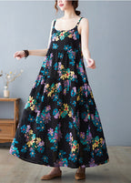 Black Print Cotton Spaghetti Strap Dress Exra Large Hem Summer