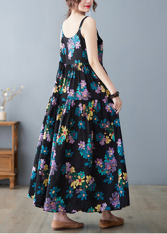 Black Print Cotton Spaghetti Strap Dress Exra Large Hem Summer