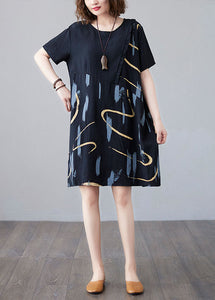 Black Print Patchwork Cotton Mid Dress Ruffled O Neck Summer