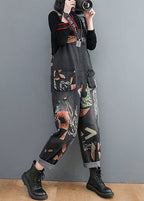Black Print Patchwork Denim Jumpsuits Pockets Spring