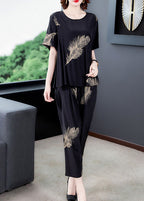Black Print Patchwork Tops And Pants Cotton Two Pieces Set O-Neck Summer
