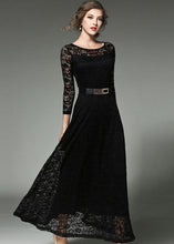 Load image into Gallery viewer, Black Sashes Patchwork Slim Fit Lace Long Dresses O-Neck Bracelet Sleeve