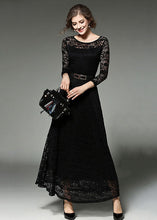 Load image into Gallery viewer, Black Sashes Patchwork Slim Fit Lace Long Dresses O-Neck Bracelet Sleeve