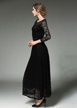 Load image into Gallery viewer, Black Sashes Patchwork Slim Fit Lace Long Dresses O-Neck Bracelet Sleeve