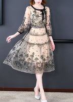 Black Tulle Holiday Dress Embroideried Tie Waist Half Sleeve