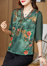 Load image into Gallery viewer, Blackish Green Print Silk Slim Fit Shirt Top V Neck Half Sleeve