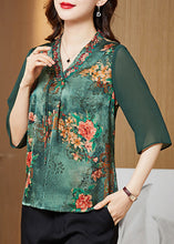 Load image into Gallery viewer, Blackish Green Print Silk Slim Fit Shirt Top V Neck Half Sleeve