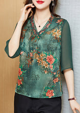 Load image into Gallery viewer, Blackish Green Print Silk Slim Fit Shirt Top V Neck Half Sleeve