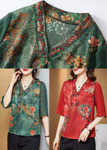 Load image into Gallery viewer, Blackish Green Print Silk Slim Fit Shirt Top V Neck Half Sleeve