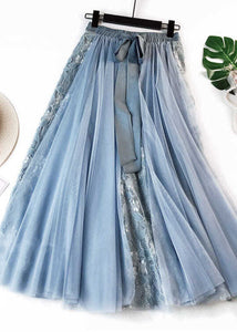 Blue Bow Patchwork Tulle Skirt Wrinkled Elastic Waist Spring