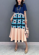 Load image into Gallery viewer, Blue Floral Patchwork Cotton Dresses O-Neck Ruffled Summer
