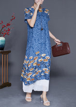 Load image into Gallery viewer, Blue Grey Print Cotton Long Dresses O-Neck Oversized Summer