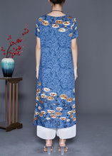Load image into Gallery viewer, Blue Grey Print Cotton Long Dresses O-Neck Oversized Summer