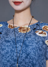 Load image into Gallery viewer, Blue Grey Print Cotton Long Dresses O-Neck Oversized Summer