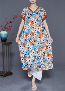 Blue Patchwork Cotton Holiday Dress V Neck Print Summer