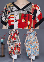 Blue Patchwork Cotton Holiday Dress V Neck Print Summer