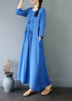 Blue Pockets Patchwork Cotton Dress Wrinkled O Neck Spring