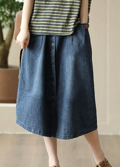 Blue Pockets Patchwork Denim Skirts Wrinkled Elastic Waist Summer