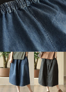 Blue Pockets Patchwork Denim Skirts Wrinkled Elastic Waist Summer