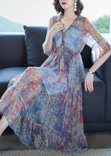 Load image into Gallery viewer, Blue Print Chiffon Long Dresses Cinched Exra Large Hem Summer
