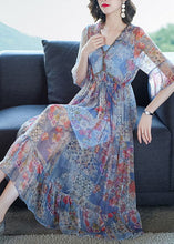 Load image into Gallery viewer, Blue Print Chiffon Vacation Dresses Cinched Exra Large Hem Summer
