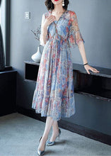 Load image into Gallery viewer, Blue Print Chiffon Vacation Dresses Cinched Exra Large Hem Summer
