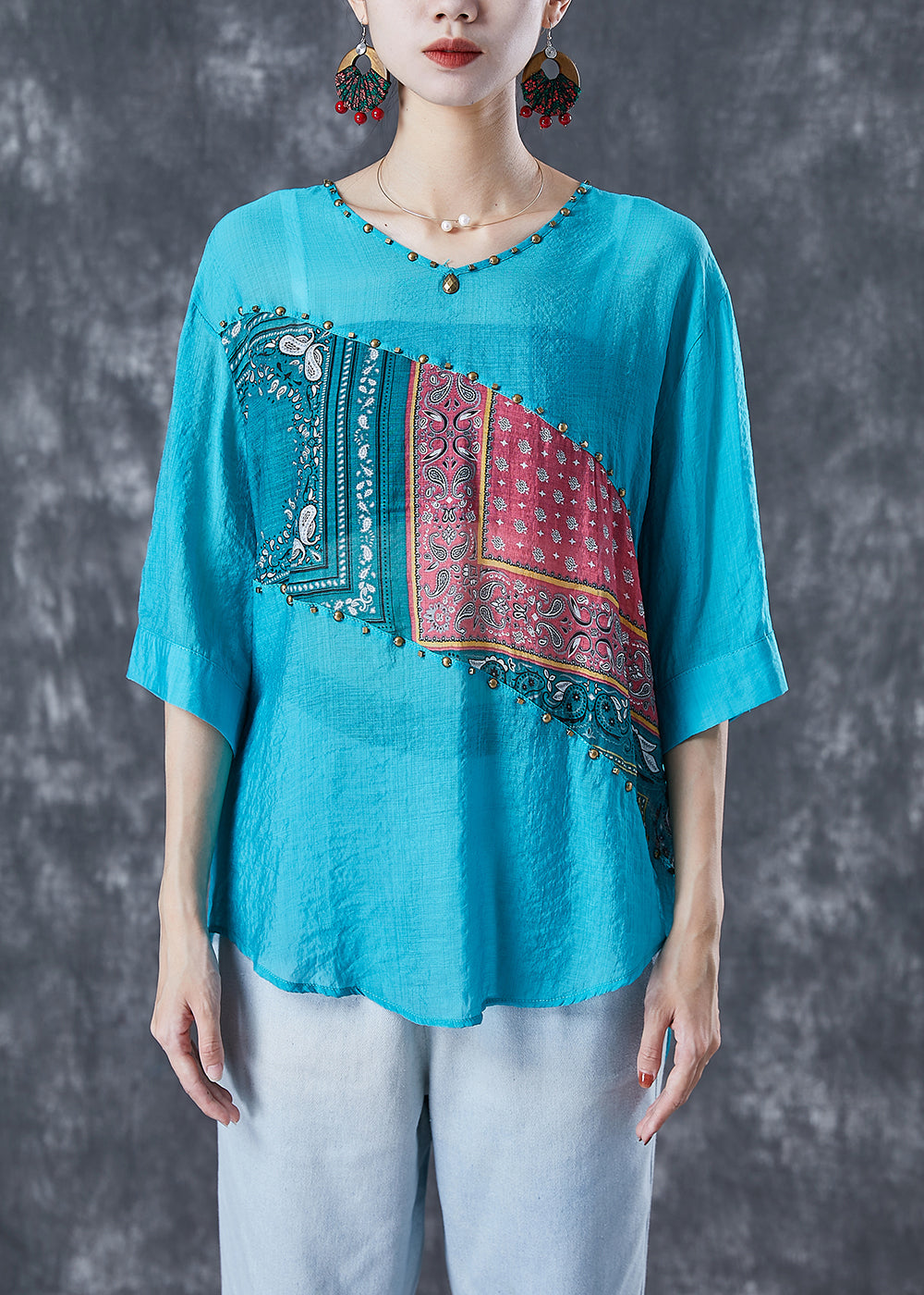 Blue Print Cotton Tank Tops V Neck Rivet Summer